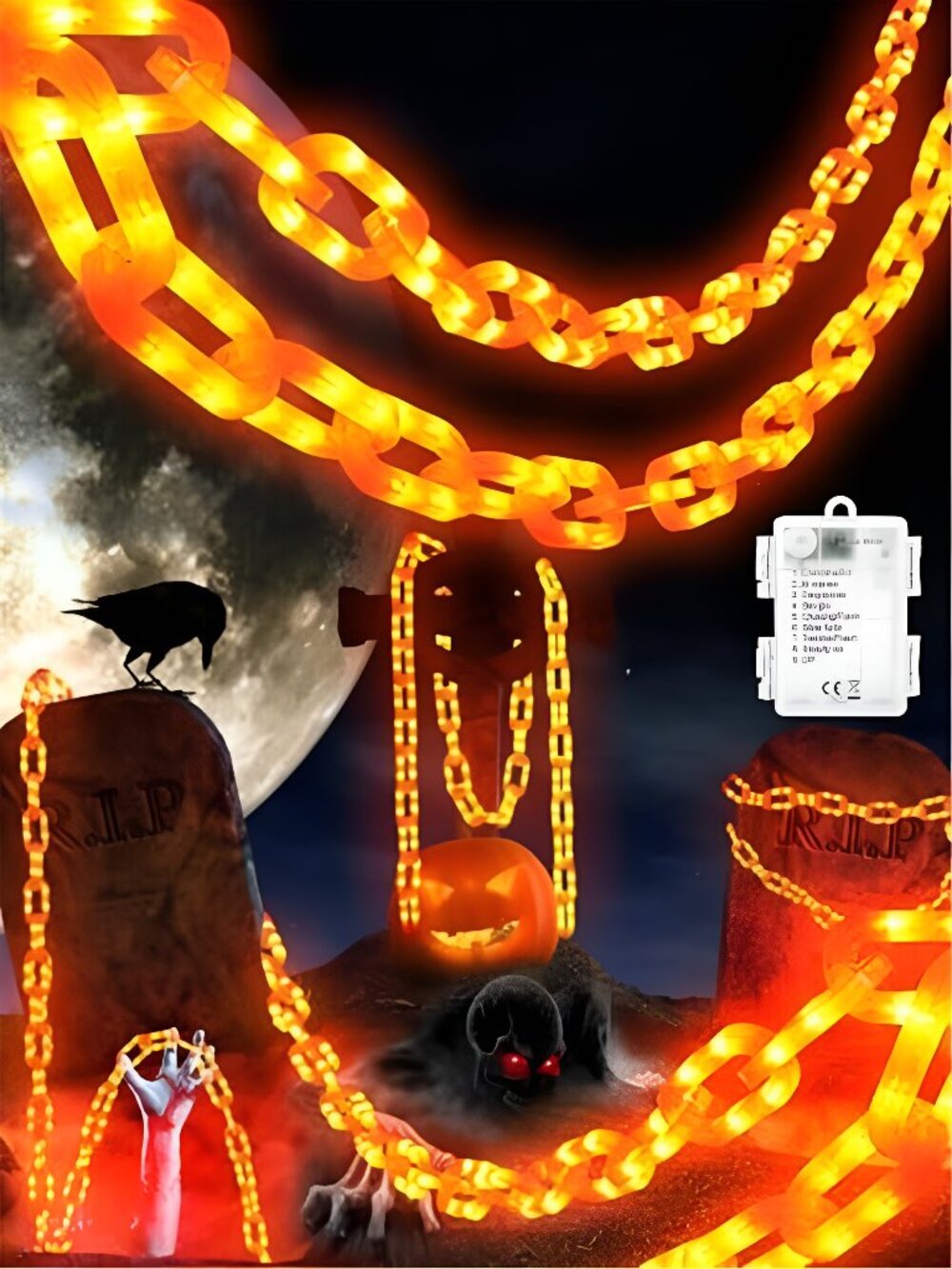 Battery Halloween Chain Lights, 10 FT 160 LED Orange Light-Up Plastic Timer